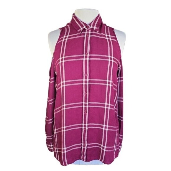 EXPRESS | Women's Burgundy Plaid Cold Shoulder Shirt - Size SP - Picture 1 of 9